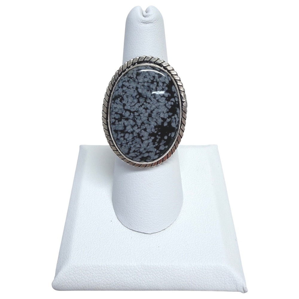 Hand Crafted Snowflake Obsidian Ring Women Size 5-8 Black Silver Plated Oval
